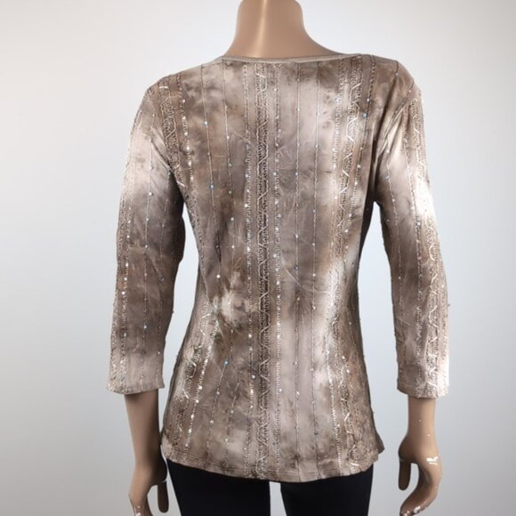 Nycal Tie Dye Blouse Sequin Embellished Mocha Scoop Neck 3/4 Sleeve Top - Picture 7 of 12